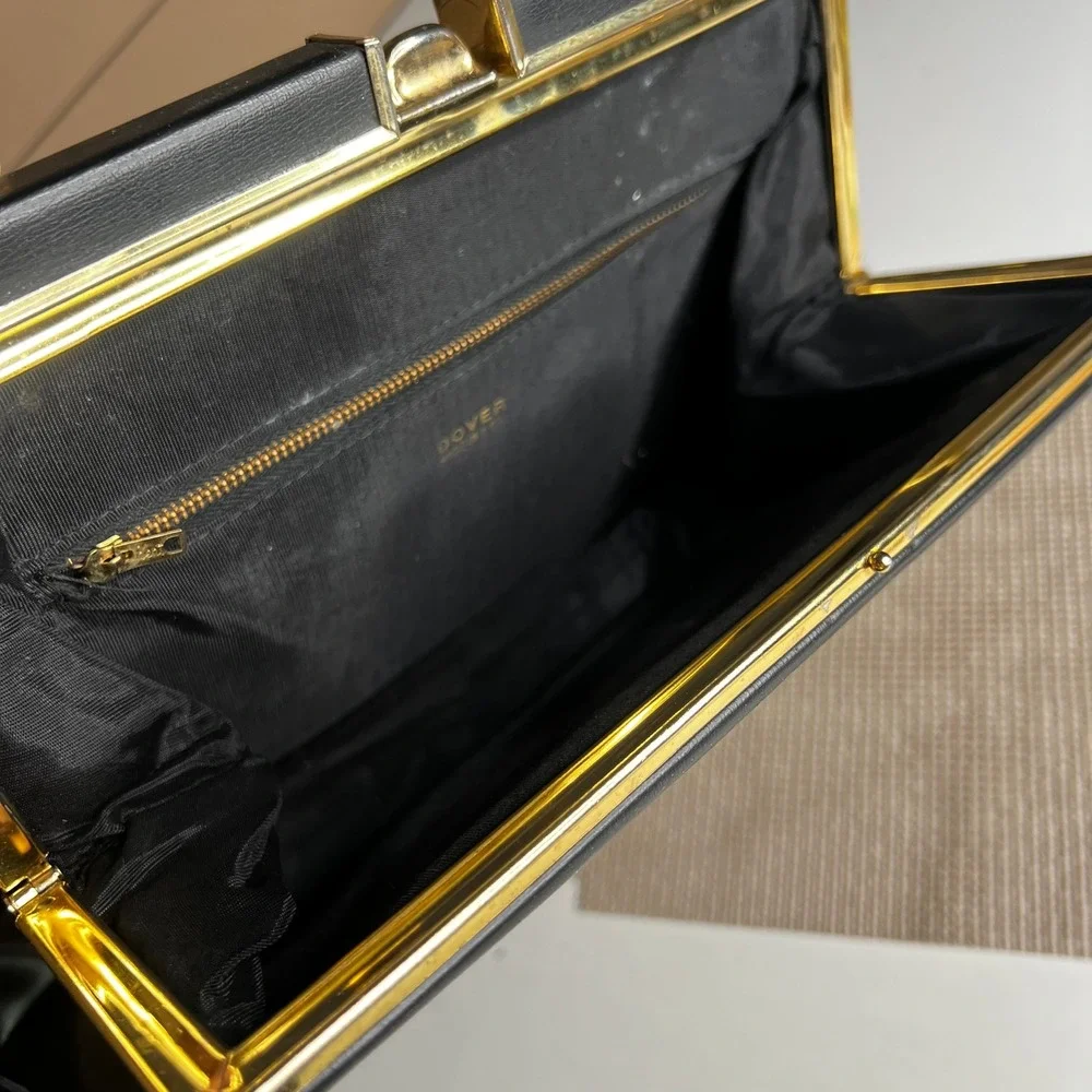 Vintage Dover Black Faux Leather Handbag Gold Tone Frame Kiss Lock Top Bag